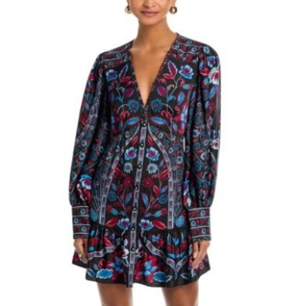 FARM Rio Marcelle Floral Mini Dress XL Black Boho Long Sleeve V Neck NWT